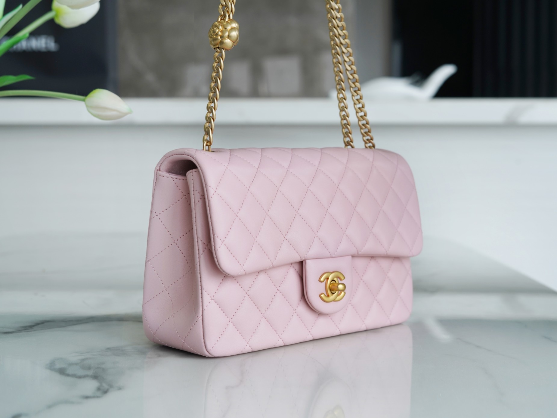 CHANEL 23S Camellia Adjustable Buckle CF Small Sakura Pink Lambskin  