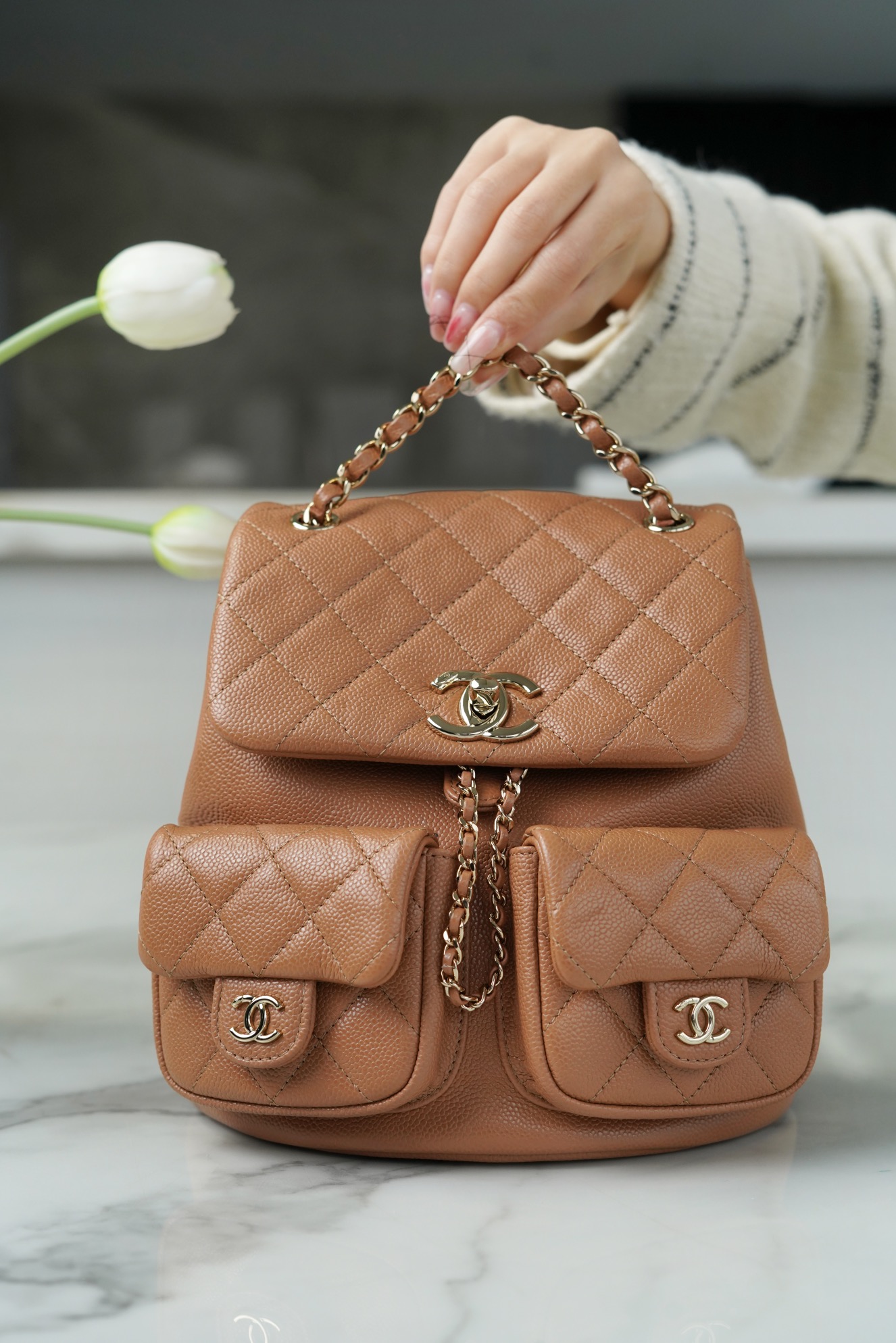 CHANEL 23P Duma Backpack Large Caramel Calfskin  