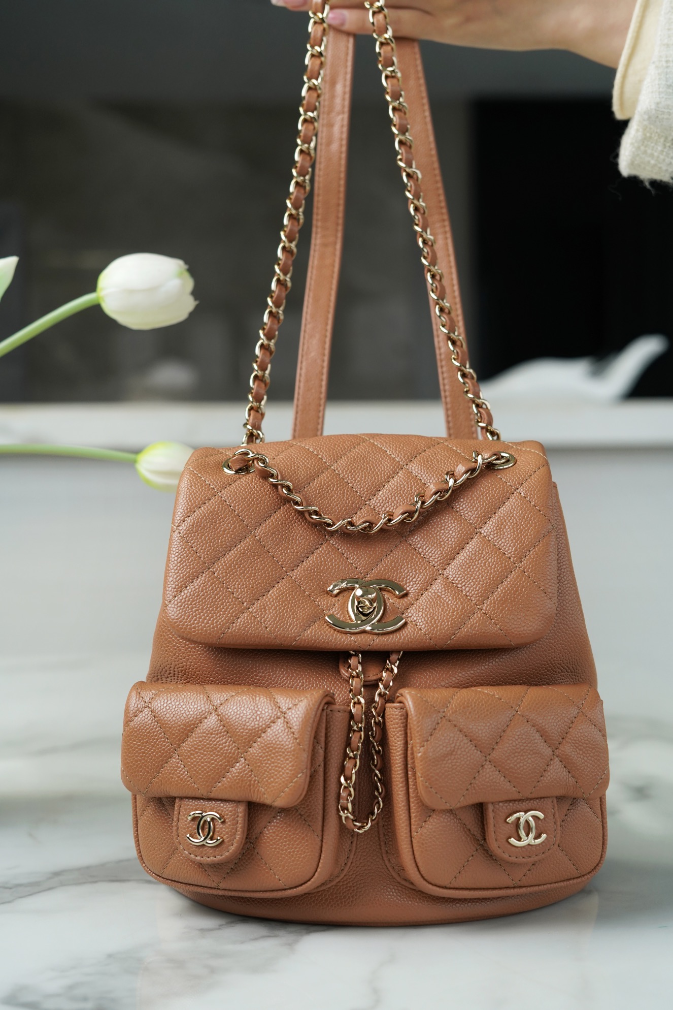 CHANEL 23P Duma Backpack Large Caramel Calfskin  