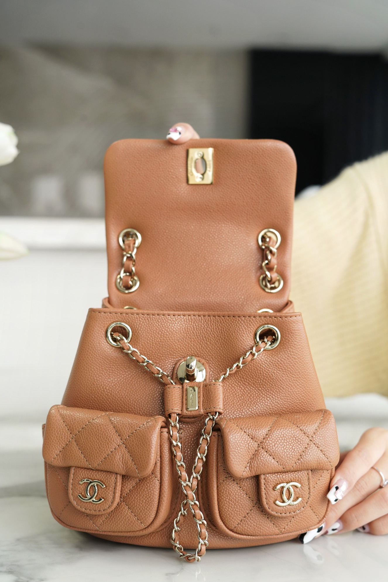 CHANEL 23P New Duma Backpack Mini Caramel Calfskin  