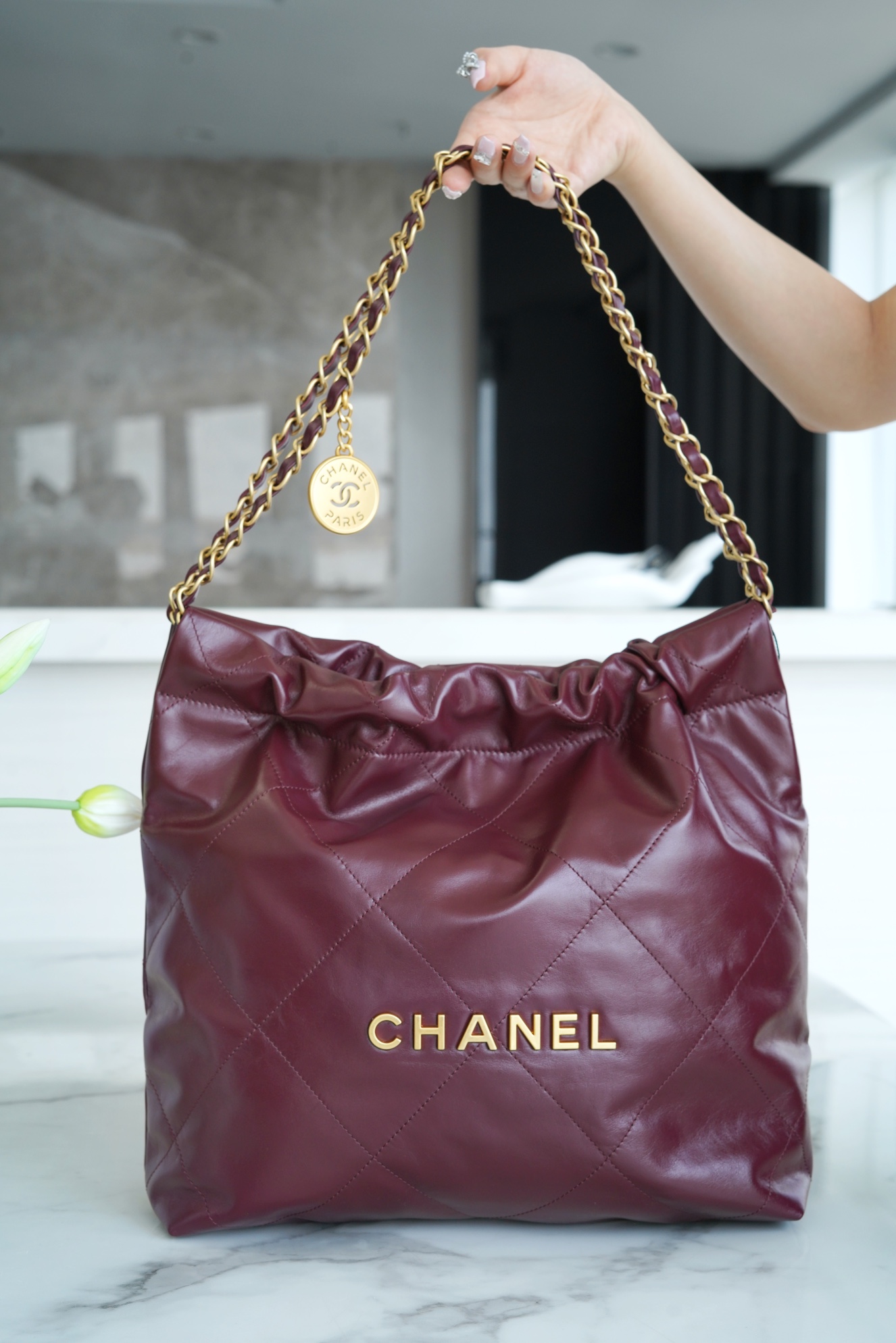 CHANEL 22P Handbag Wine Red Small  