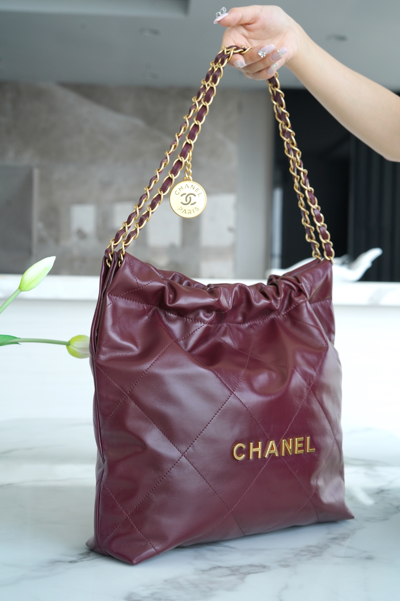 CHANEL 22P Handbag Wine Red Small  