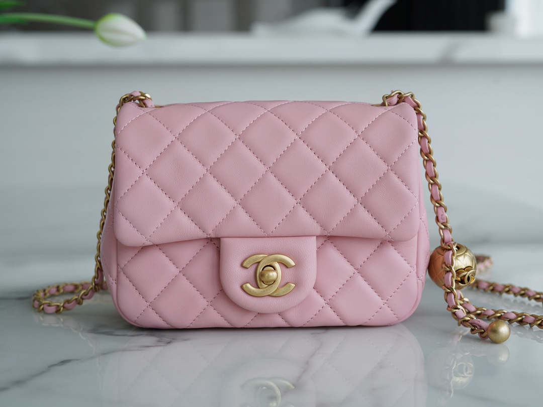 Chanel Metal Ball Square Bag Peach Pink Lambskin  