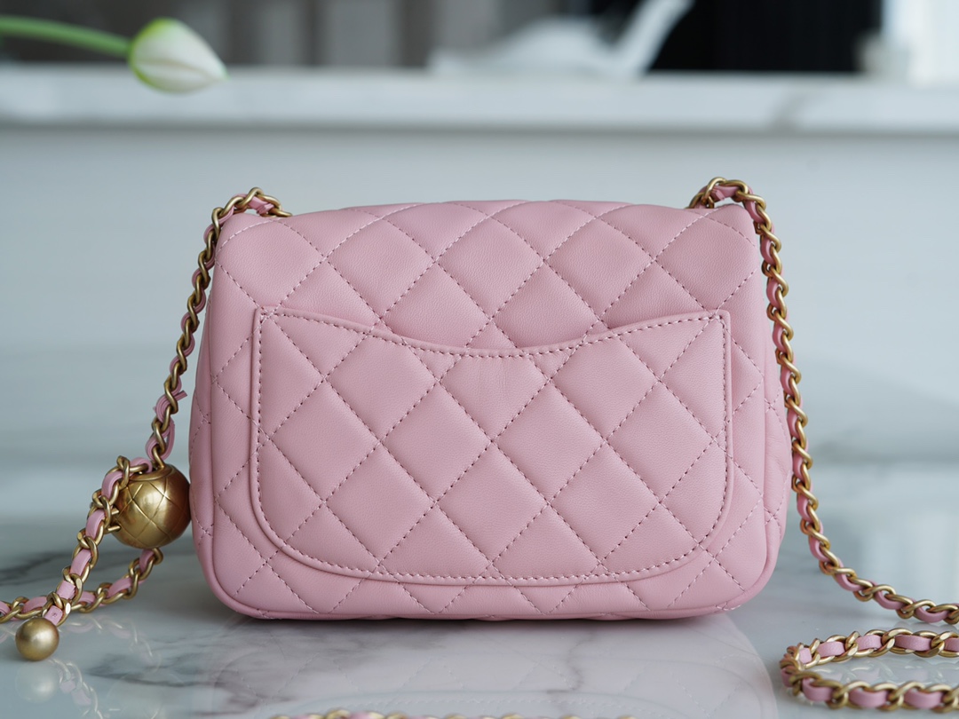 Chanel Metal Ball Square Bag Peach Pink Lambskin  