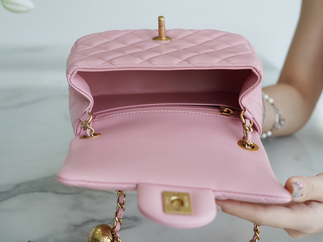 Chanel Metal Ball Square Bag Peach Pink Lambskin  