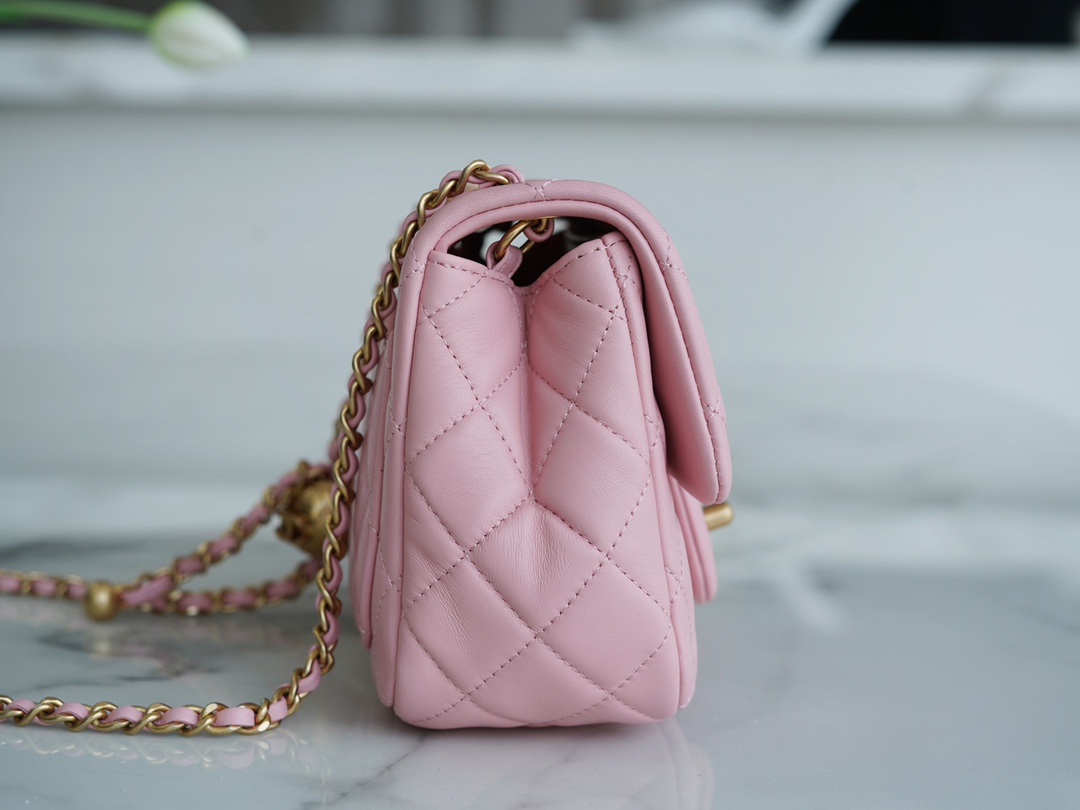 Chanel Metal Ball Square Bag Peach Pink Lambskin  