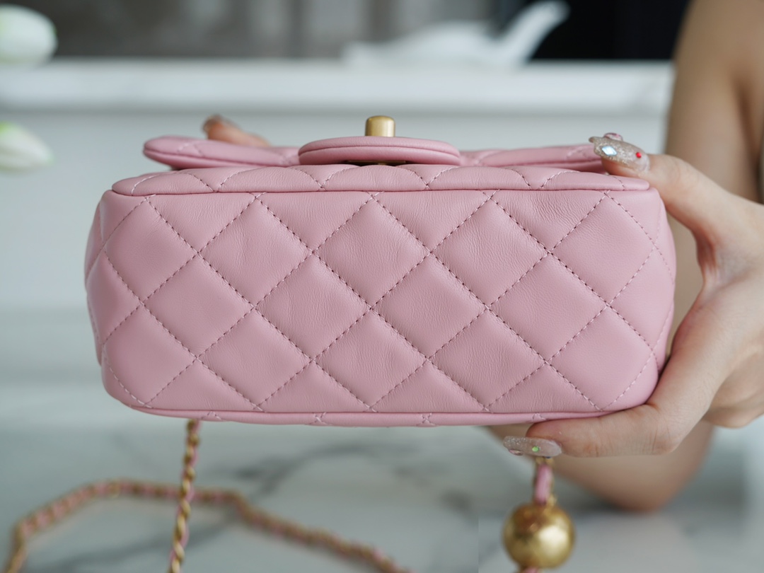 Chanel Metal Ball Square Bag Peach Pink Lambskin  