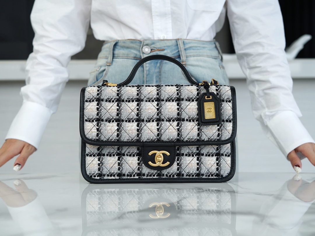 CHANEL 22K Long Black and White Check Tweed Messenger Bag  