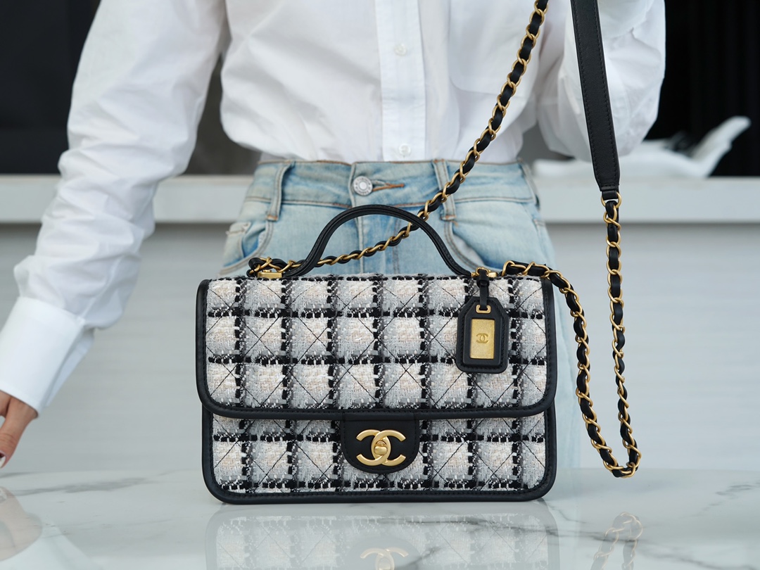 CHANEL 22K Long Black and White Check Tweed Messenger Bag  