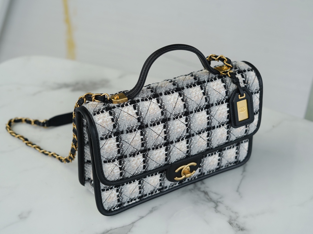 CHANEL 22K Long Black and White Check Tweed Messenger Bag  