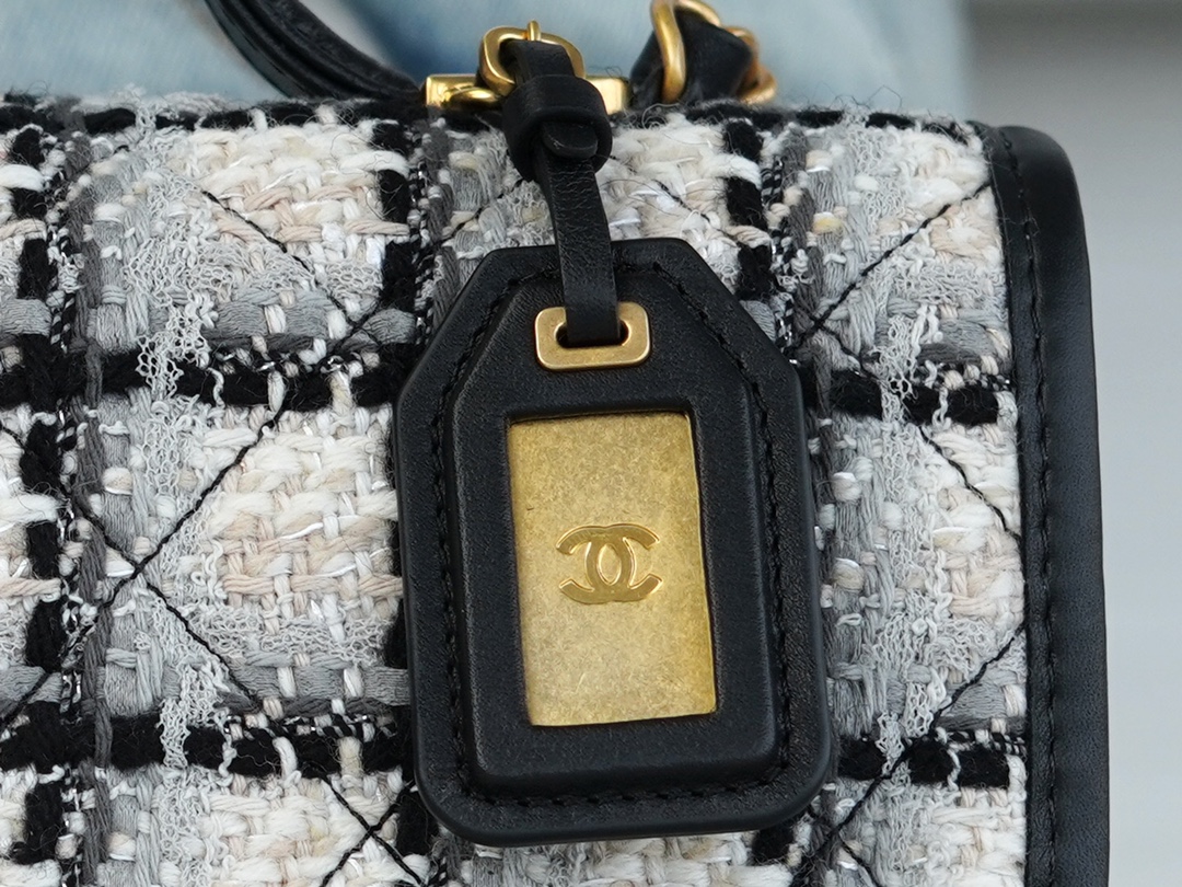 CHANEL 22K Long Black and White Check Tweed Messenger Bag  