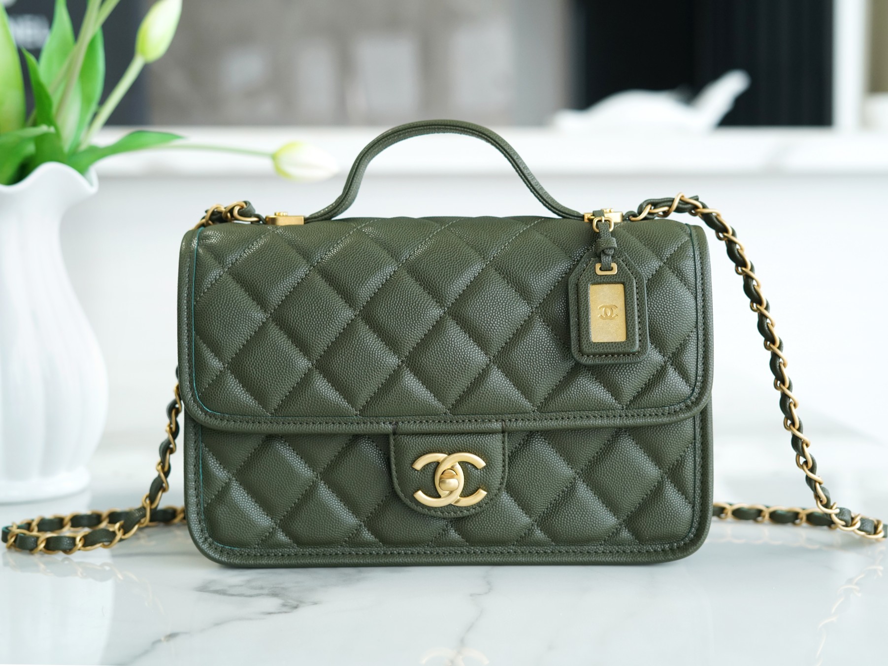 CHANEL 22K Messenger Tofu Bag Large Olive Green Calfskin  