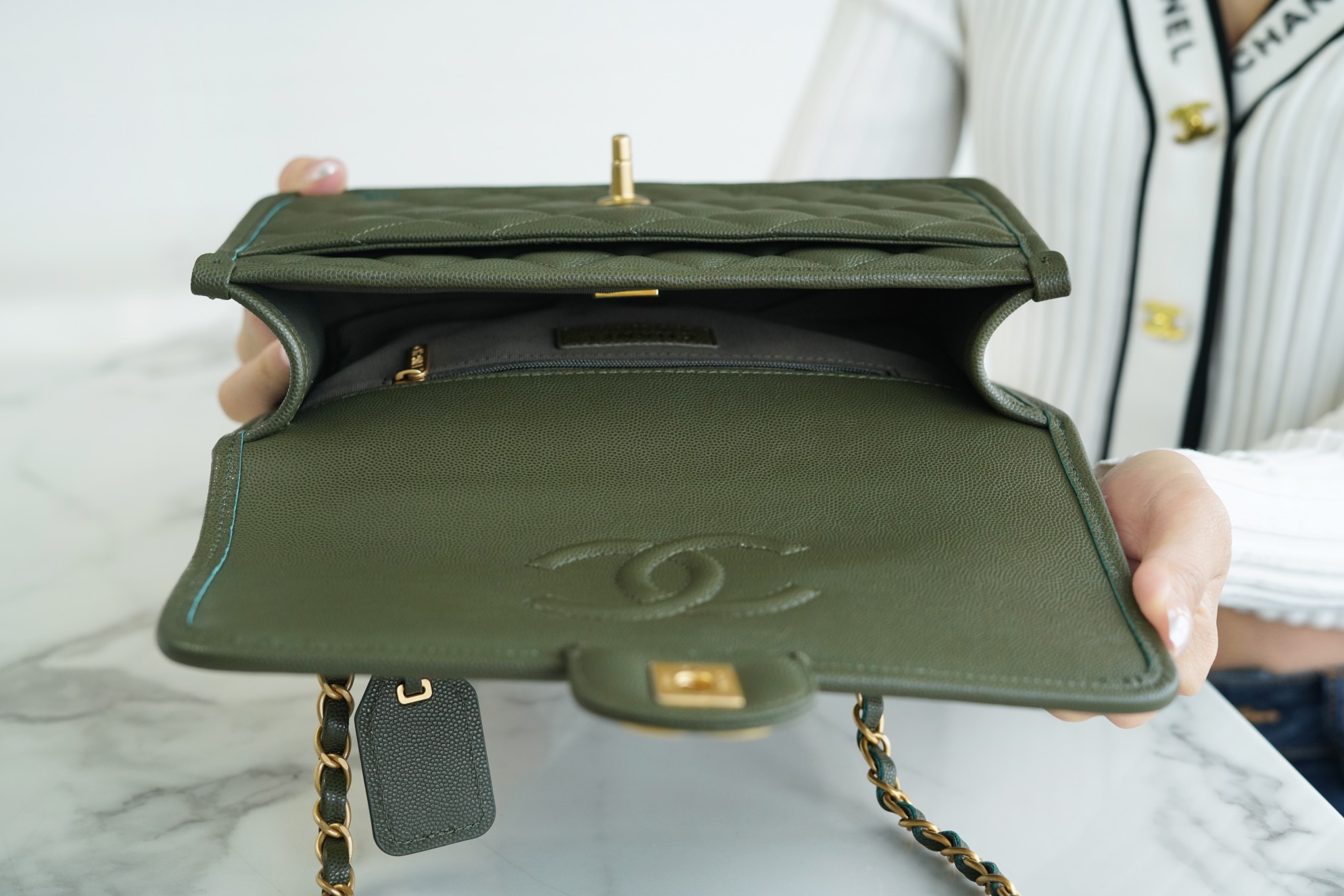 CHANEL 22K Messenger Tofu Bag Large Olive Green Calfskin  