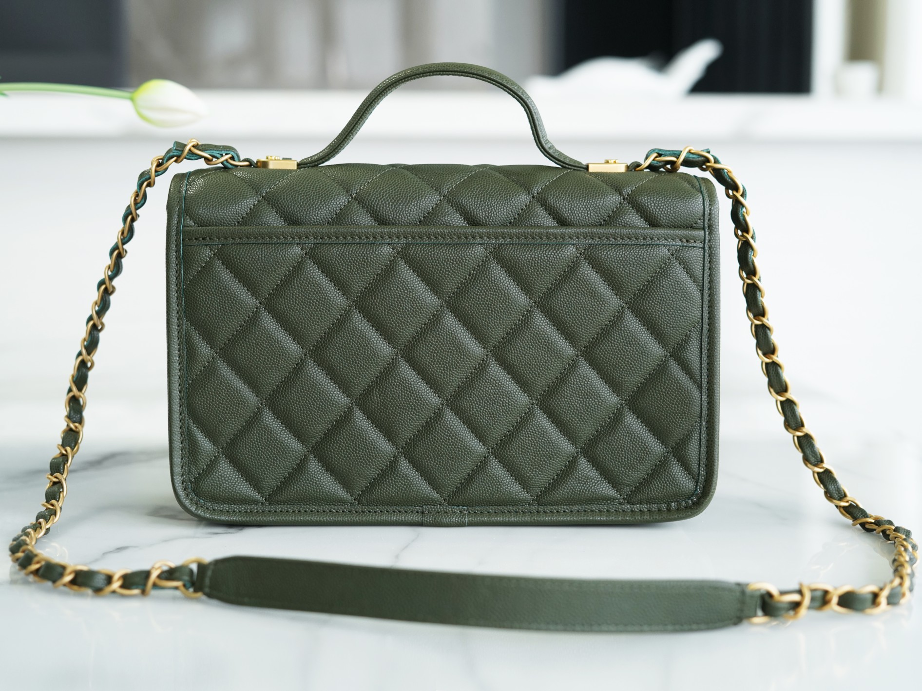 CHANEL 22K Messenger Tofu Bag Large Olive Green Calfskin  