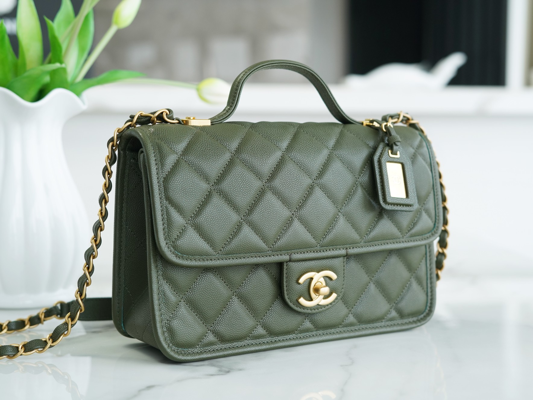 CHANEL 22K Messenger Tofu Bag Large Olive Green Calfskin  