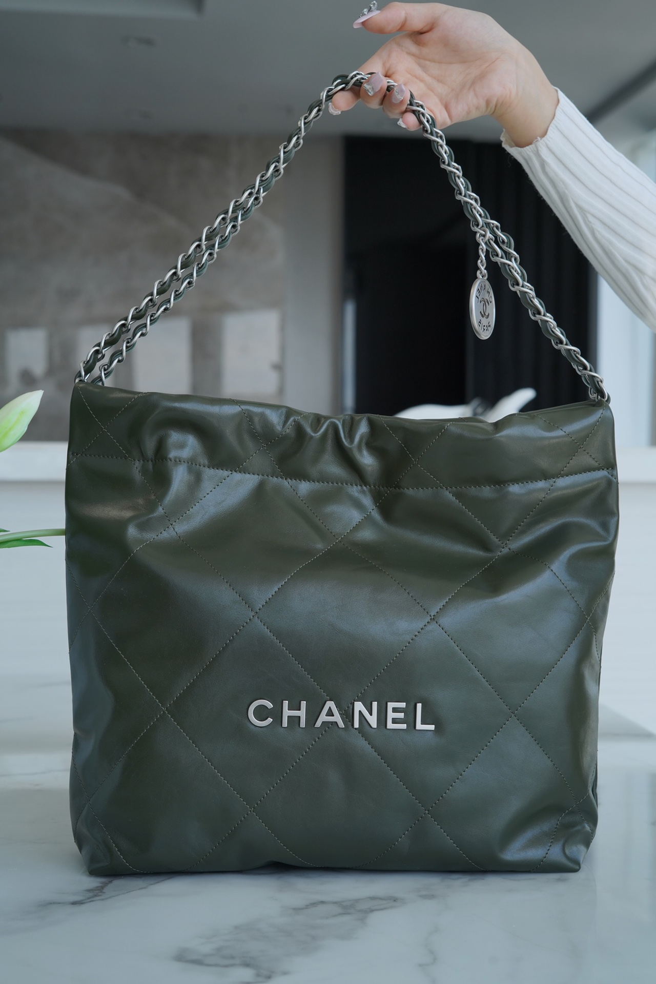 CHANEL 22P Handbag Olive Green Small Calfskin  