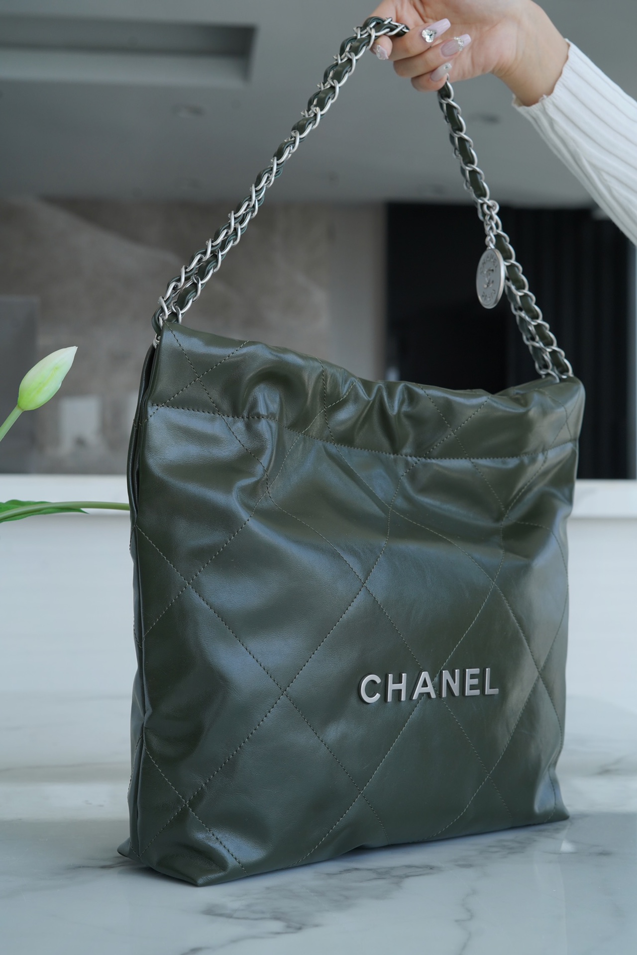 CHANEL 22P Handbag Olive Green Small Calfskin  