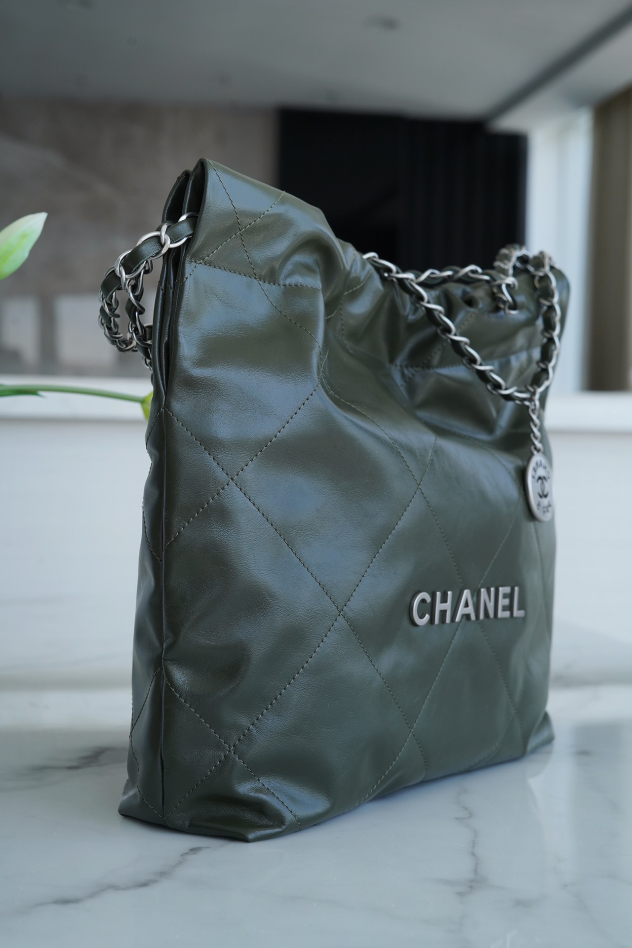 CHANEL 22P Handbag Olive Green Small Calfskin  