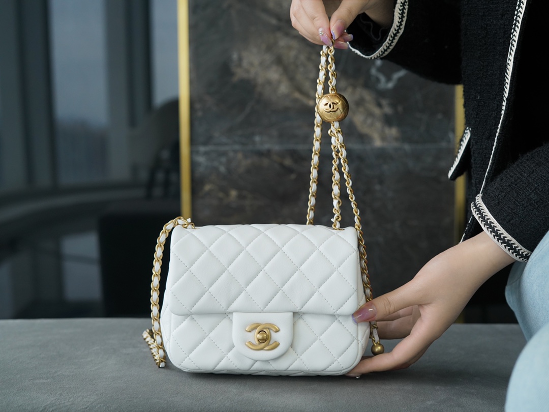 Chanel Metal Ball Square Chunky Bag White Small Lambskin  