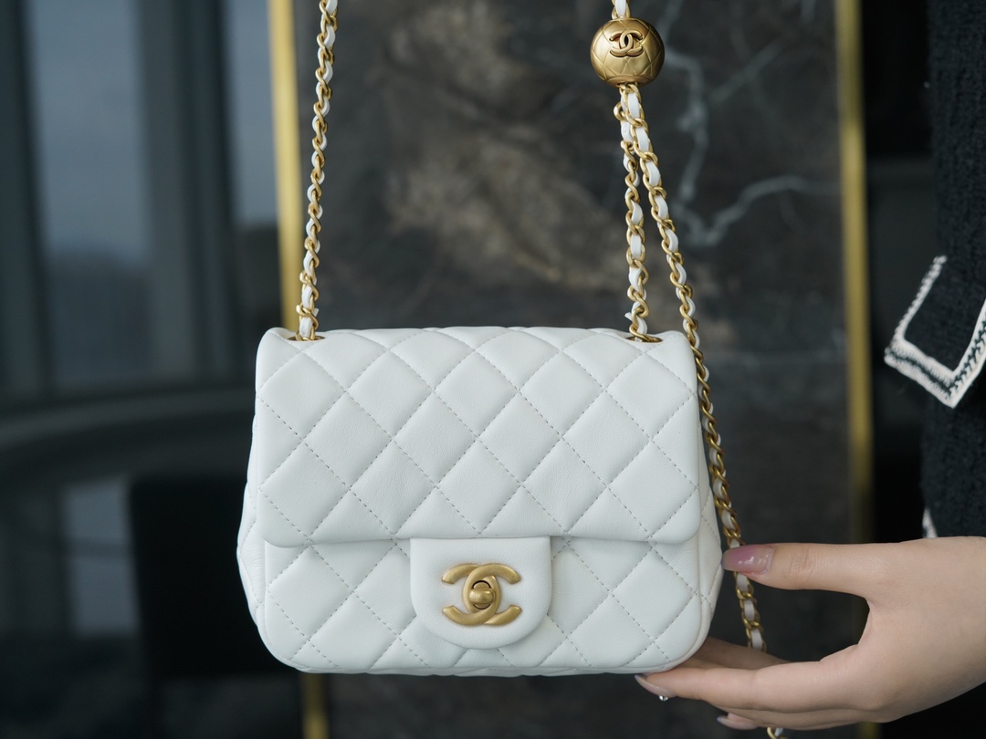 Chanel Metal Ball Square Chunky Bag White Small Lambskin  