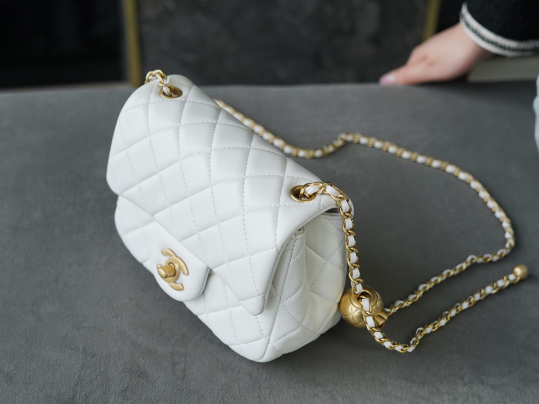 Chanel Metal Ball Square Chunky Bag White Small Lambskin  