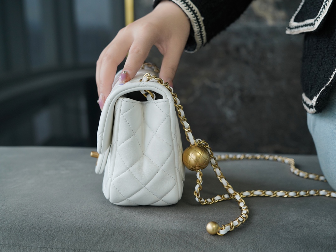 Chanel Metal Ball Square Chunky Bag White Small Lambskin  