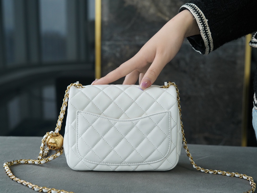 Chanel Metal Ball Square Chunky Bag White Small Lambskin  