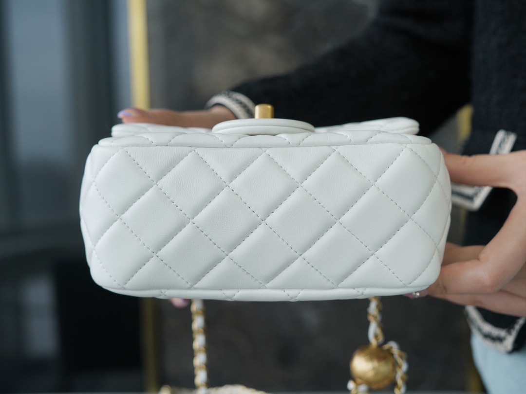 Chanel Metal Ball Square Chunky Bag White Small Lambskin  