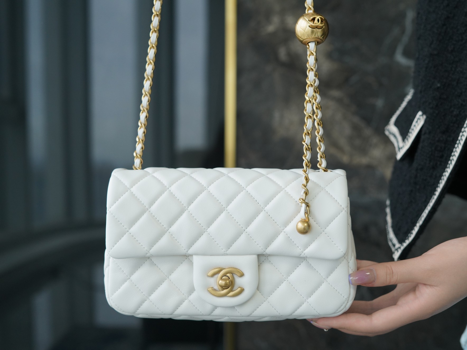 Chanel Metal Ball Square Chunky Bag White Lambskin  