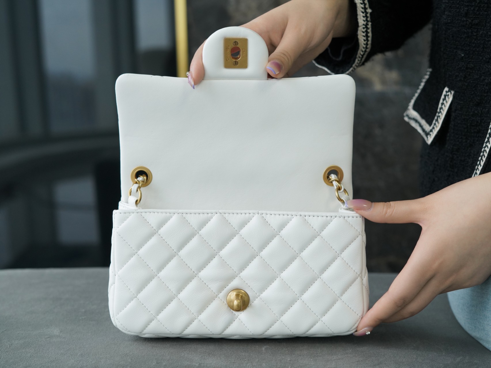 Chanel Metal Ball Square Chunky Bag White Lambskin  