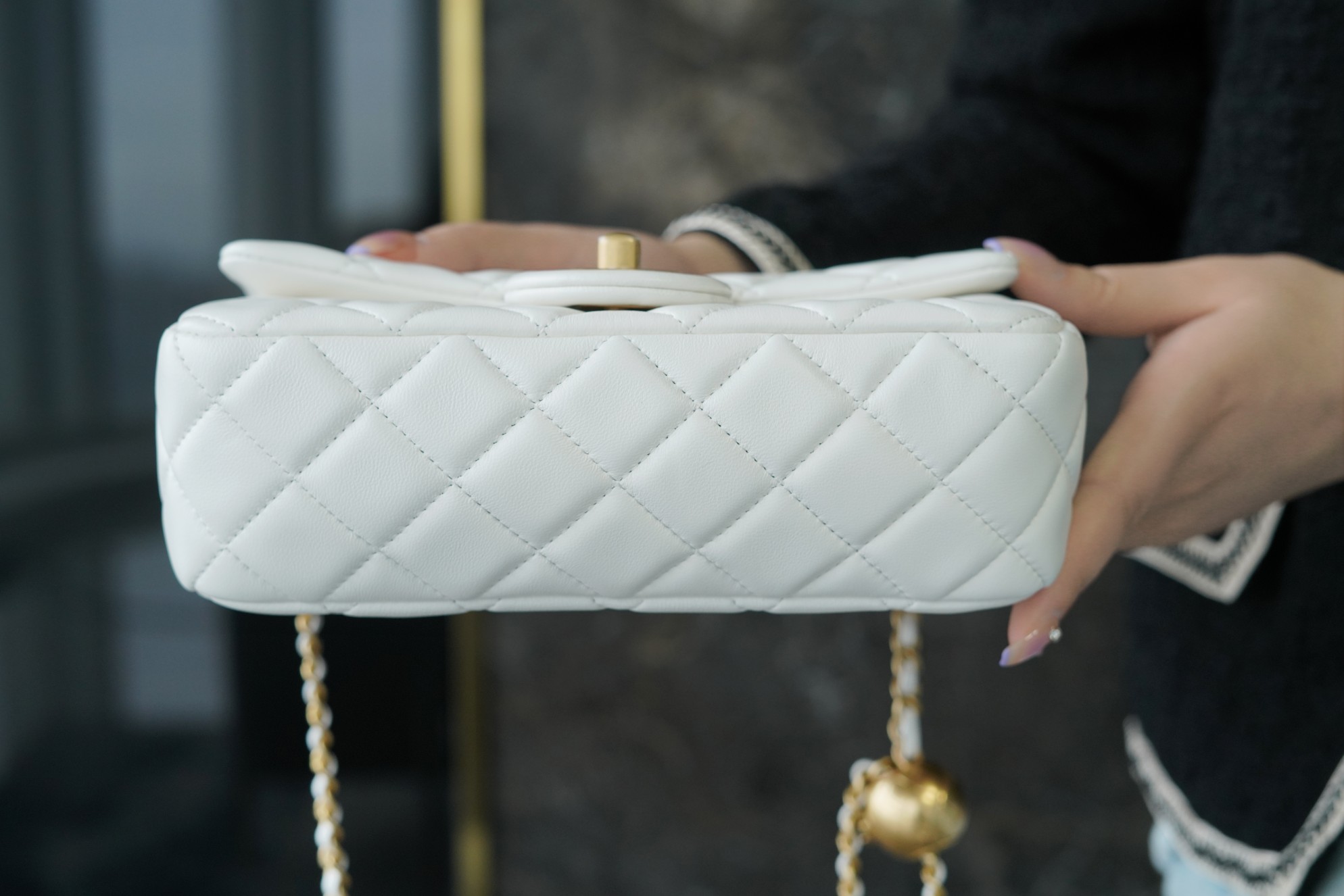 Chanel Metal Ball Square Chunky Bag White Lambskin  