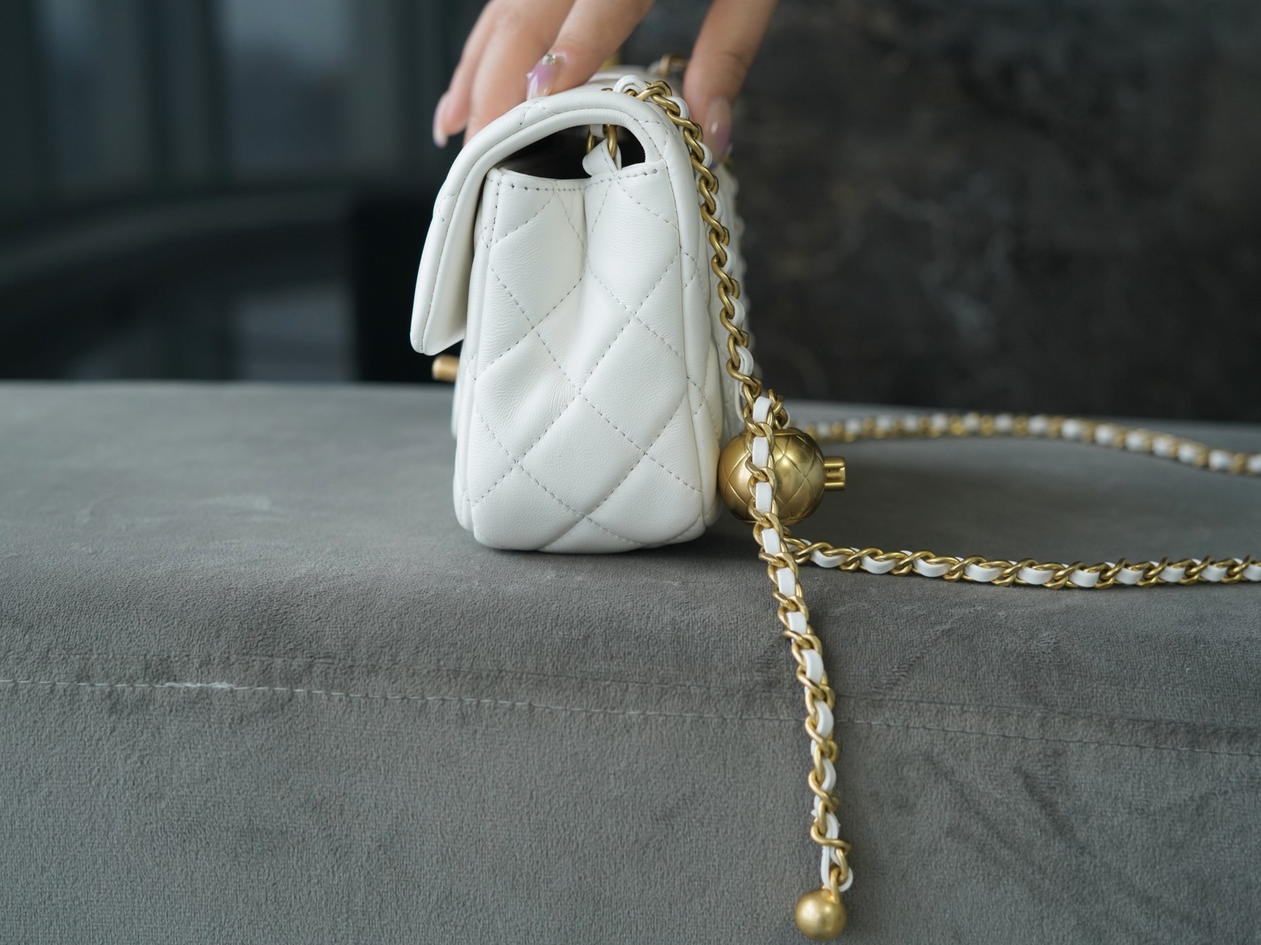 Chanel Metal Ball Square Chunky Bag White Lambskin  