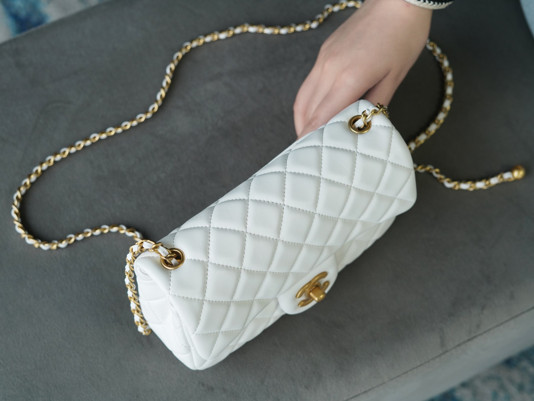 Chanel Metal Ball Square Chunky Bag White Lambskin  