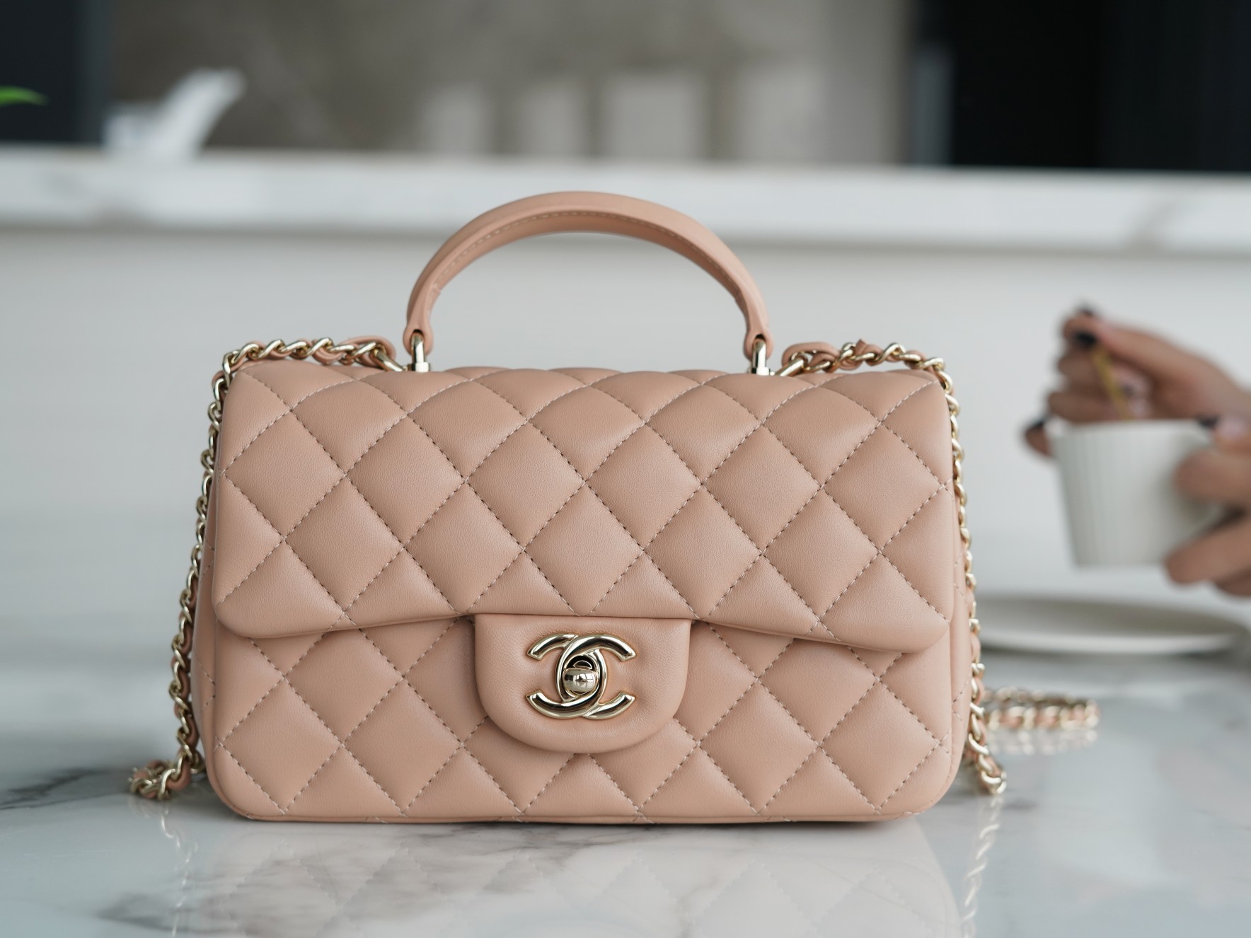 CHANEL 2021 SS Spring/Summer New Handle CF Mini Milk Tea Apricot with Light Gold  