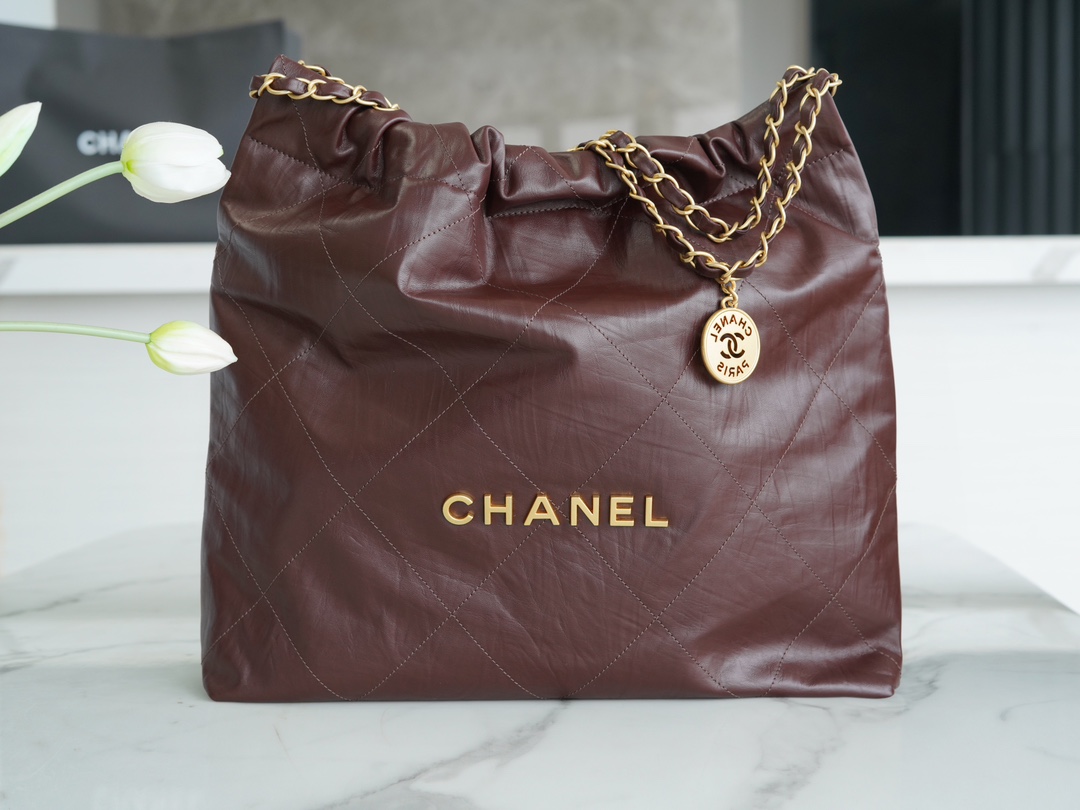 CHANEL Crinkled 22 Handbag Medium Coffee Brown  