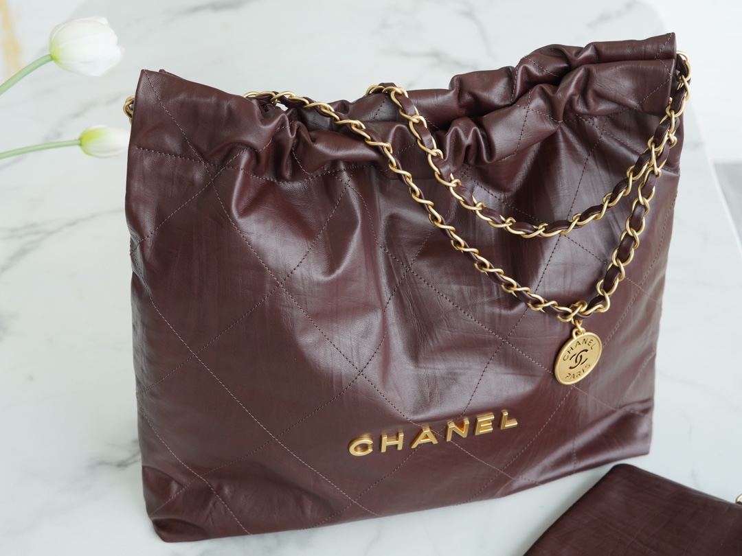 CHANEL Crinkled 22 Handbag Medium Coffee Brown  