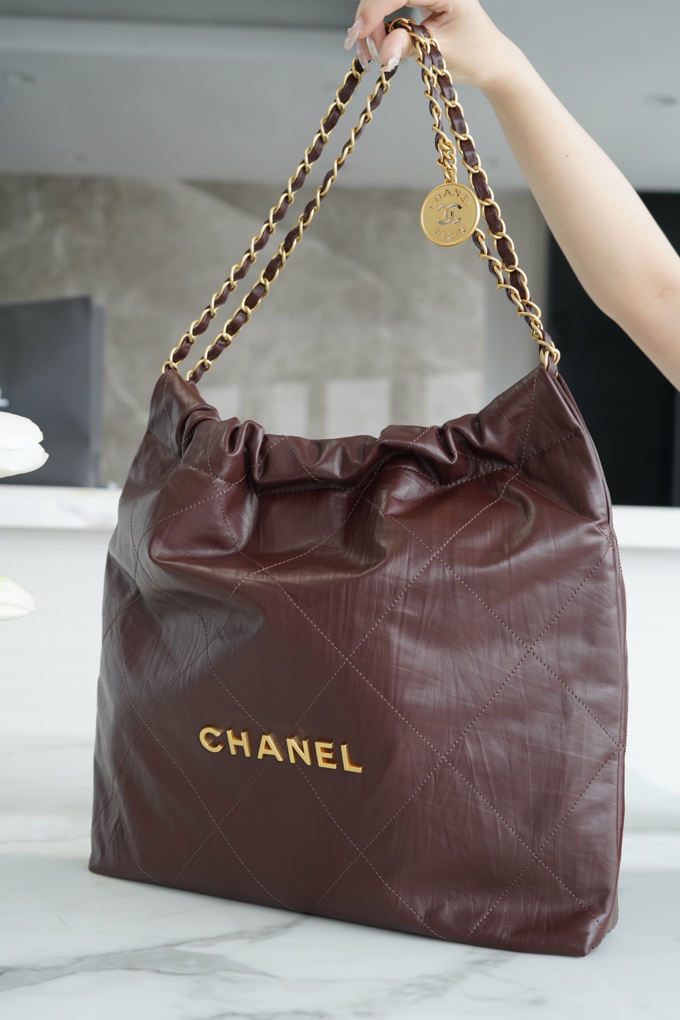 CHANEL Crinkled 22 Handbag Medium Coffee Brown  