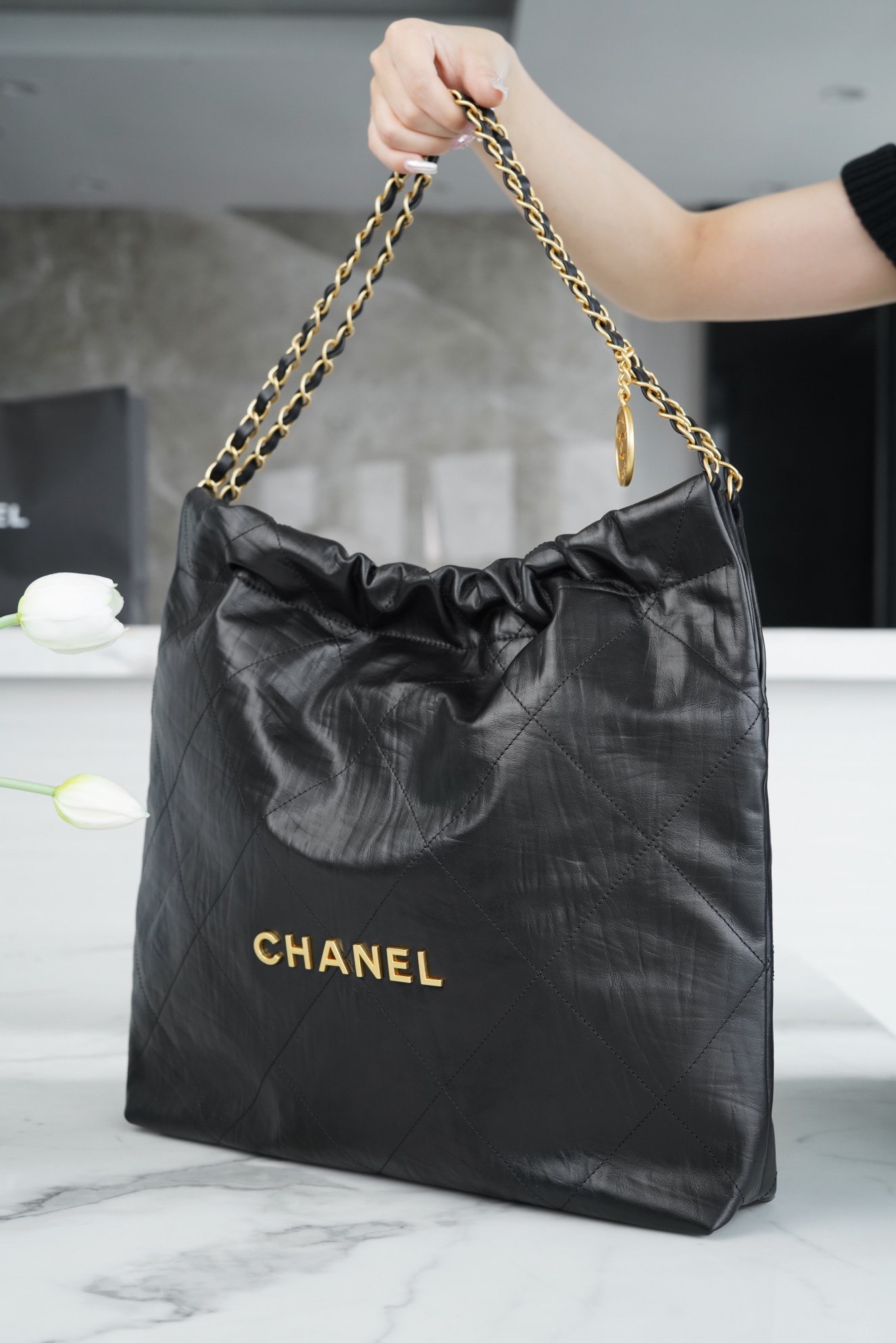 CHANEL Crinkled 22 Handbag Medium Black  