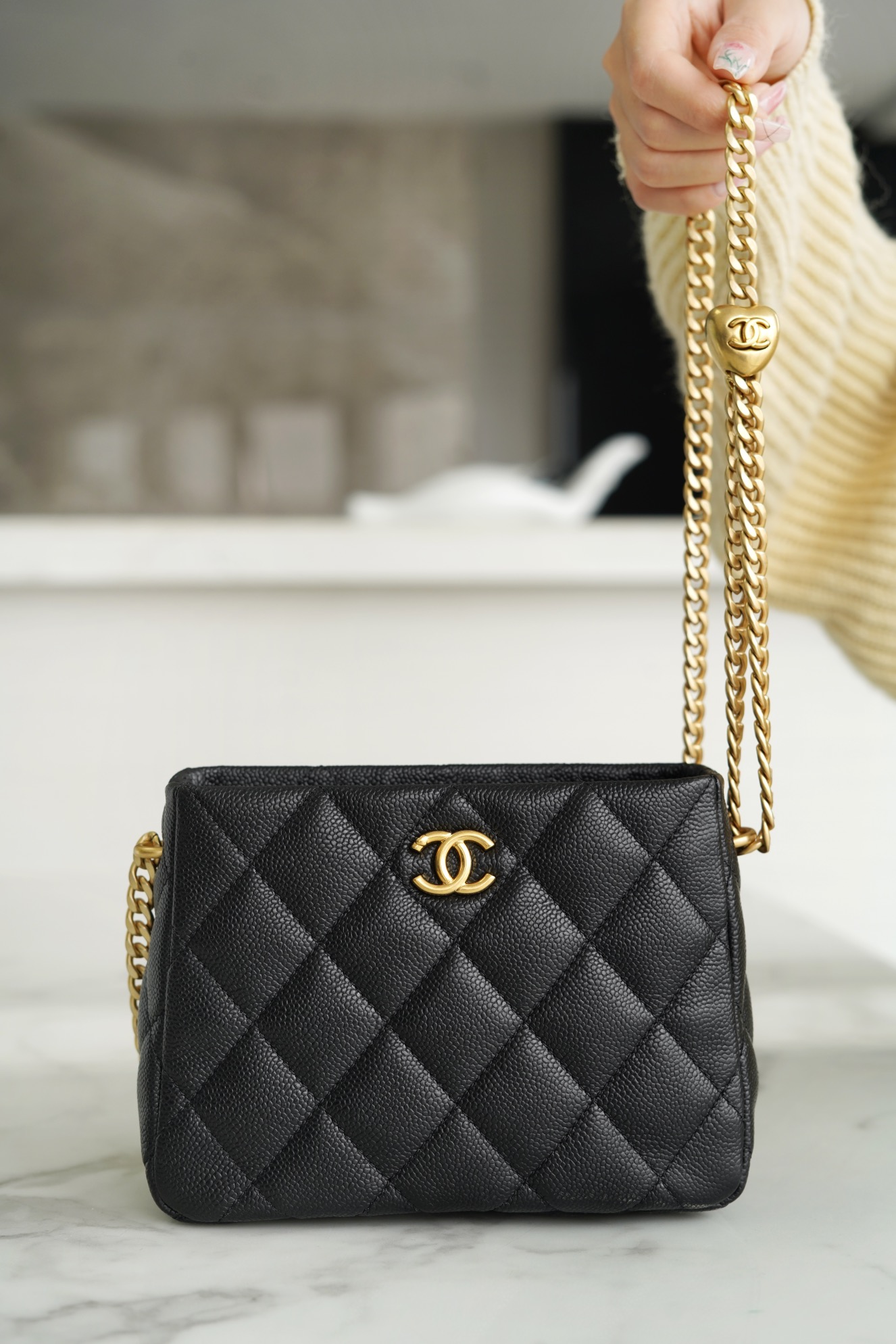 CHANEL 23P Heart Buckle HoBo Bag Textured Grain Calfskin