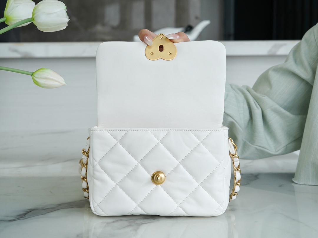 Chanel 23S CF Heart Enamel Buckle Square Chunky Bag White Lambskin  