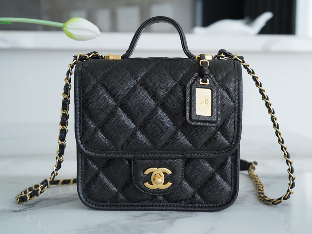 CHANEL 22K Mailbox Tofu Bag Black Gold Grainy Calfskin  