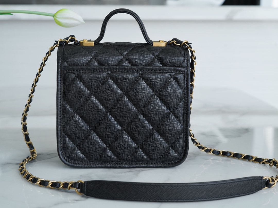 CHANEL 22K Mailbox Tofu Bag Black Gold Grainy Calfskin  