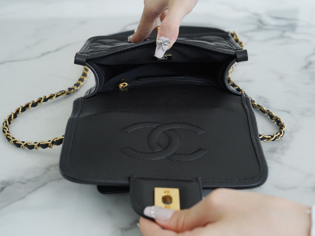 CHANEL 22K Mailbox Tofu Bag Black Gold Grainy Calfskin  