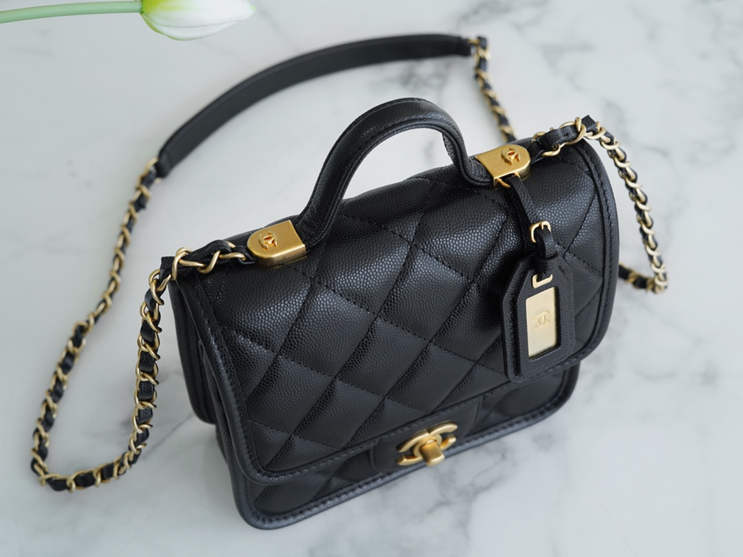 CHANEL 22K Mailbox Tofu Bag Black Gold Grainy Calfskin  