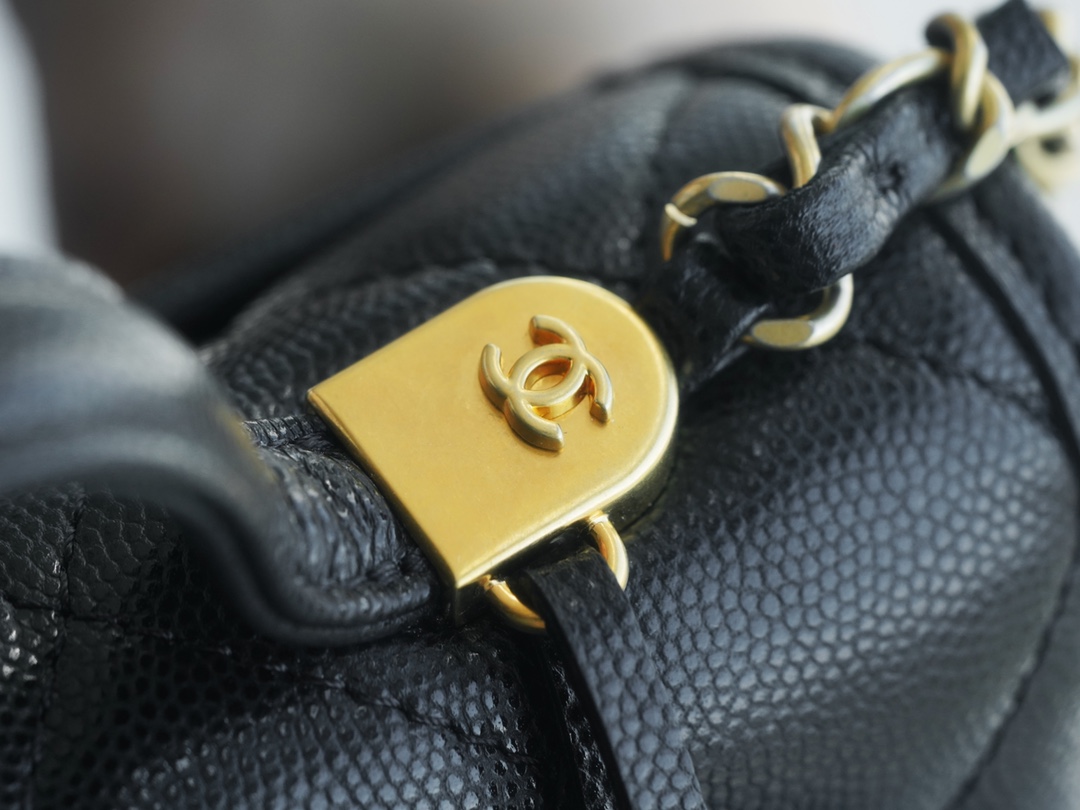 CHANEL 22K Mailbox Tofu Bag Black Gold Grainy Calfskin  