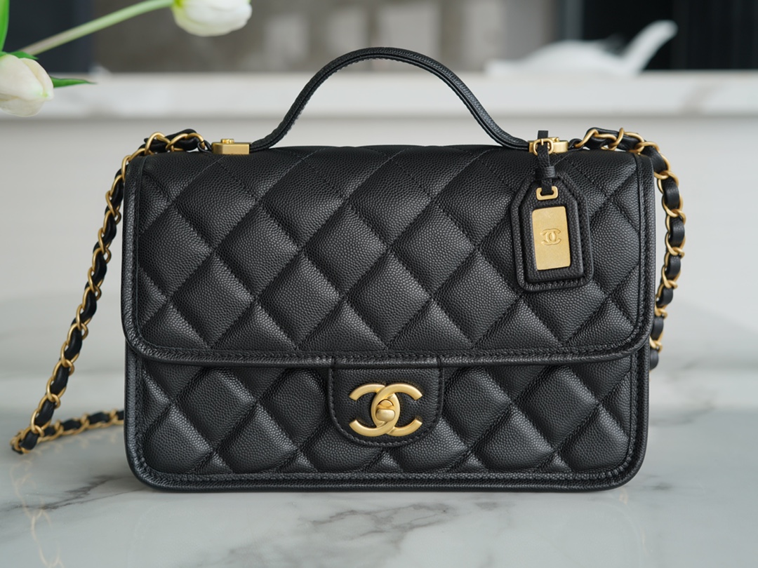 CHANEL 22K Mailbox Tofu Bag Large Black Gold Grainy Calfskin  