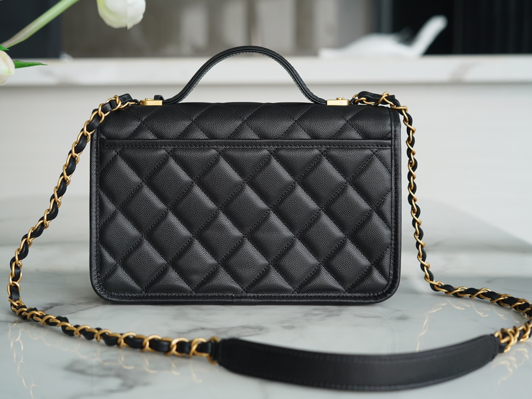 CHANEL 22K Mailbox Tofu Bag Large Black Gold Grainy Calfskin  