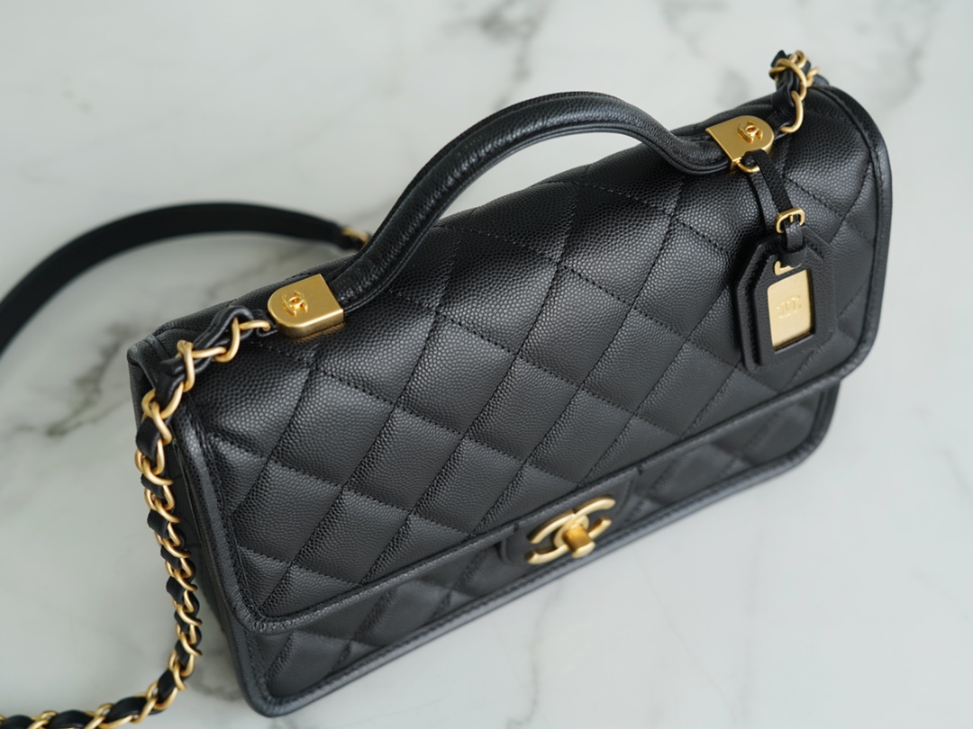 CHANEL 22K Mailbox Tofu Bag Large Black Gold Grainy Calfskin  