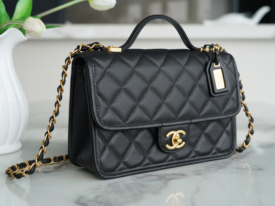 CHANEL 22K Mailbox Tofu Bag Large Black Gold Grainy Calfskin  