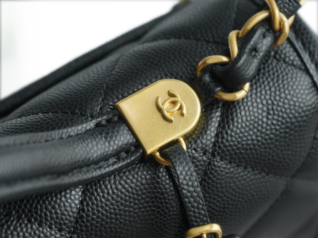 CHANEL 22K Mailbox Tofu Bag Large Black Gold Grainy Calfskin  